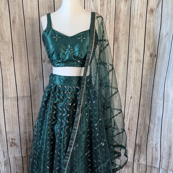 Elegant Emerald Green Lehenga Choli Set - Picture 13 of 14